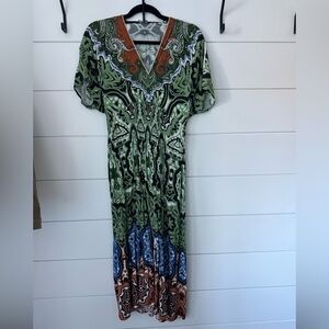 Anthropologie Green and Orange Patterned Maxi Dress